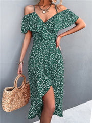 Floral Print Slit Midi Dress Women V-Neck Casual Chic Beach Vacation Summer Fashion Dress