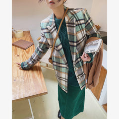 Plaid Wool Tweed Blazer Women Elegant Office Chic Winter Casual Outerwear Fashion