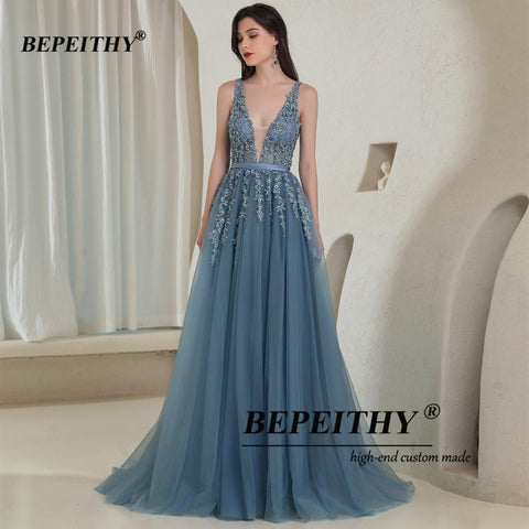 V-Neck Backless Evening Gown Women Gray Blue Elegant Sleeveless Long Prom Wedding Guest