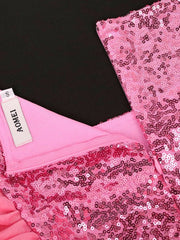 Pink Sequin Puff Sleeve Bodycon Dress Women Ruffle Sparkly Elegant Evening Party Fashion