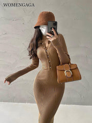 Long Sleeve Knit Slim Maxi Dress Women Collar Elegant Casual Party Winter Fashion Dress