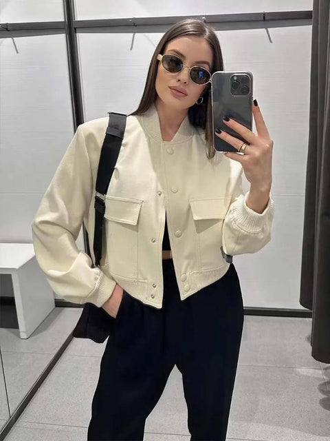 Bomber Jacket Women Pockets Short Casual Vintage Spring Fall Chic Outerwear Fashion Coat