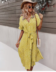 Floral Print Slit Midi Dress Women V-Neck Casual Chic Beach Vacation Summer Fashion Dress