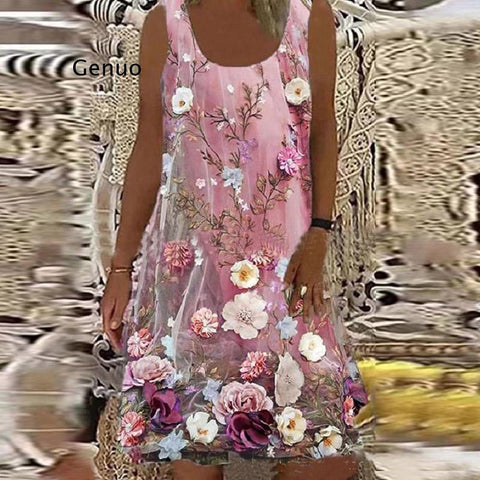 Plus Size Floral Print A-Line Midi Dress Women Sleeveless Loose Casual Summer S-5XL Fashion