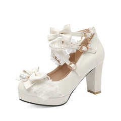 Pearl Bow Cross Strap High Heel Shoes Women Japanese Lace Chunky Casual Fashion