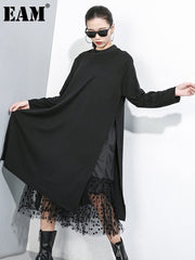 Long Sleeve Mesh Maxi Dress Women Black Dot Split Joint Loose Round Collar Casual Fashion Dress