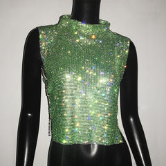 Rhinestone Glitter Turtleneck Crop Top Women Sparkly Elegant Party Club Fashion Top