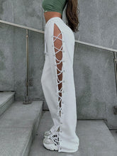 Knitted Slit Hollow Solid Tie Sweatpants