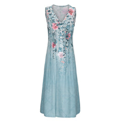 Floral Pleated A-Line Dress Women Sleeveless Loose Casual Beach Vacation Spring Summer Fashion