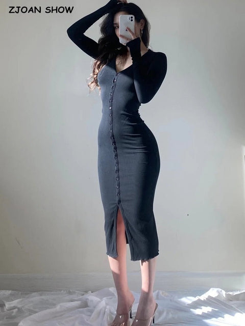 Backless V-Neck Bodycon Midi Dress Women Button Mid-Calf Elegant Party Fashion Dress