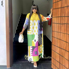 Long Sleeve Pleated Printed Maxi Dress Women Elegant Party Casual Chic Fashion Dress