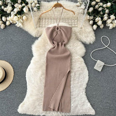Halter Knit Bodycon Dress Women Cut Out Split Off Shoulder Backless Party Club Fashion