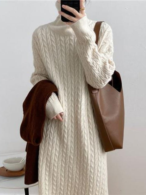 High Collar Sweater Dress Women Casual Loose Thick Warm Long Knit Winter Fashion Dress