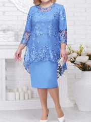 Elegant Embroidered Floral Plus Size Evening Dress blue