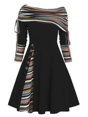 Plus Size Striped Flare Long Sleeve Dress Women Convertible Neck Cinched Party Fashion