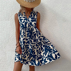 Boho Floral Print Mini Dress Women V-Neck Sleeveless Loose Casual Beach Vacation Summer Fashion