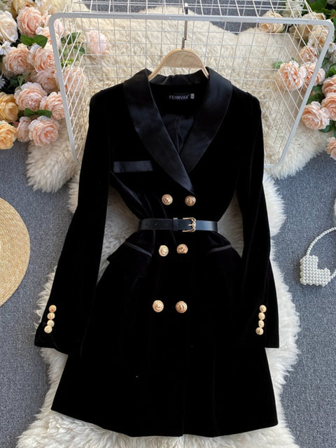 Double Breasted Velvet Blazer Women Black Belt Slim Elegant Office Casual Outerwear Fashion