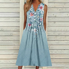 Floral Pleated A-Line Dress Women Sleeveless Loose Casual Beach Vacation Spring Summer Fashion