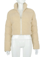 Short Puffer Down Jacket Women Stand-Up Collar Cardigan Warm Casual Winter Outerwear