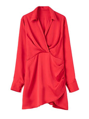 Satin Mini Dress Vintage V Neck Long Sleeve Summer Party Club Dress