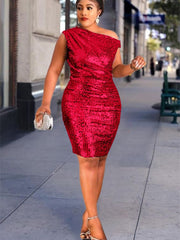 Plus Size Sequin Bodycon Dress Women One Shoulder Sleeveless Club Party Fashion Dress