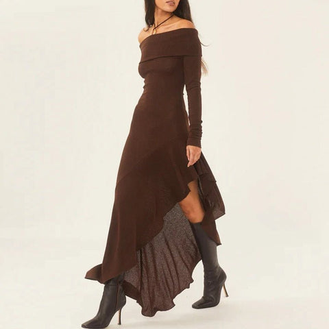 Backless Knit Midi Dress Women Stretchy Slash Neck Draped Ruffle Irregular Party Fashion Dress
