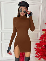 Women Spring Autumn Long Sleeve Bodycon Black Mini Dress With Slit