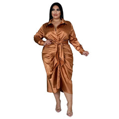 Plus Size Satin Ruched Button Down Midi Dress Women Elegant Casual Party Fashion