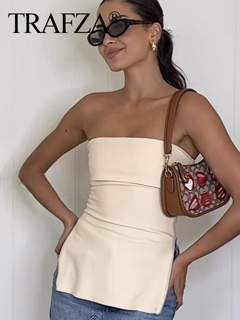 Strapless Tube Top Women Side Zipper Slit Casual Chic Everyday Fashion Top