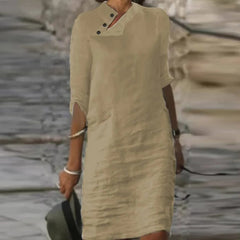Cotton Linen A-line Dress Skew Button Vintage Women's Casual Loose Mid Sleeve Short Dress