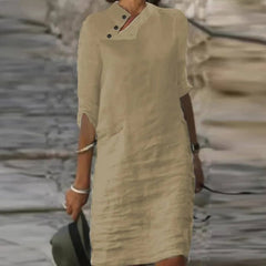 Cotton Linen A-Line Mini Dress Women Skew Button Vintage Casual Loose Mid Sleeve Summer Fashion