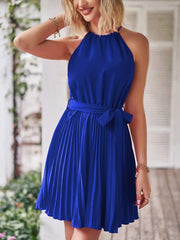 Halter Neck Pleated Midi Dress Women Belt Casual Elegant Beach Vacation Summer Fashion