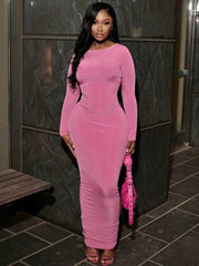 Y2K Bodycon Maxi Dress Women Elegant O-Neck Chic Club Party Streetwear Casual Fashion Dress