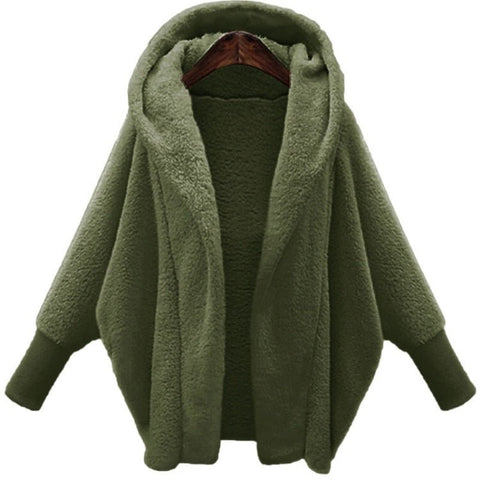 Fleece Hooded Jacket Women Solid Long Sleeve Loose Faux Fur Large Cardigan Warm Winter Outerwear