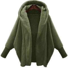 Fleece Hooded Jacket Women Solid Long Sleeve Loose Faux Fur Large Cardigan Warm Winter Outerwear