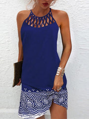 Plus Size Hollow Out Vintage Print Mini Dress Women Sleeveless Round Neck Casual Summer Fashion