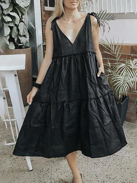 Boho Ruffle V-Neck Maxi Dress Women Sleeveless Casual Beach Wedding Guest Summer Fashion