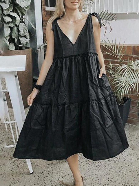 Boho Ruffle V-Neck Maxi Dress Women Sleeveless Casual Beach Wedding Guest Summer Fashion