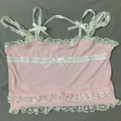 Fairy Core Bow Lace Ribbon Strap Tank Top Women College Style Casual Summer Fashion