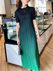 Pleated A-Line Maxi Dress Women O-Neck Elegant Cocktail Party Casual Fashion Dress