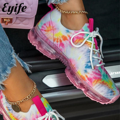 Flyknit Air Cushion Sneakers Women Lace-Up Low Top Athletic Casual Everyday Fashion Shoes