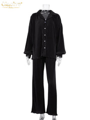 Collar Long Sleeve Top & Pants Set Women 2-Piece Casual Elegant Everyday Fashion Outfit