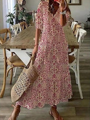 Pattern Print Long Dress Women V Neck Tassel Pleated Party Dress 3/4 Sleeve