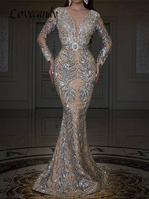 V-Neck Sequin Lace Mermaid Dress Women Elegant Wedding Guest Prom Evening Fashion Dress