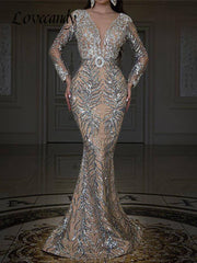 V-Neck Sequin Lace Mermaid Dress Women Elegant Wedding Guest Prom Evening Fashion Dress