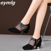 Women's Med Heel Shoes Mesh Breathable Pointed Toe Thick Heels with Zipper