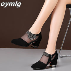 Women's Med Heel Shoes Mesh Breathable Pointed Toe Thick Heels with Zipper