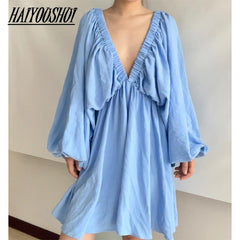 Lantern Sleeve Backless Mini Dress Women Green Pleated Elegant Club Party Fashion Dress