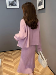 V-Neck Knit Dress Set Women 2-Piece Casual Elegant Autumn Winter Fashion Outfit