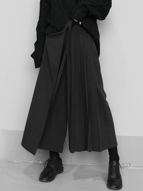 High Waist Wide Leg Pants Women Elastic Black Pleated Split Loose Fit Casual Fashion Trousers